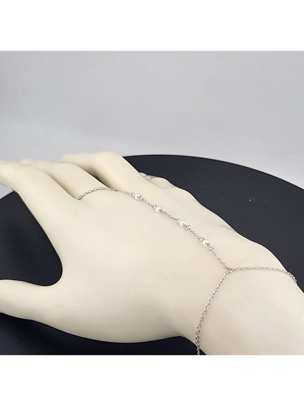 Sterling Silver 925 White Beaded Hand Bracelet with Ring - Picture 11 of 11